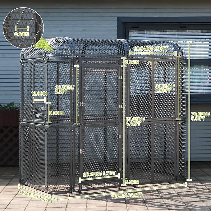 Large Walk-in Cage 77-inch Heavy Duty Birdcage Outdoor Diamond Grid Aviary Parrot Cage Wide Flight Metal Birdcage for Macaw Budgie Conure Lovebird Parakeet Cockatiel, 6.4x3.87x5.91ft, Silver