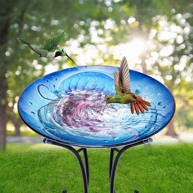 MUMTOP Bird Baths for Outdoors, Jellyfish Glass Large Bird Bath Bowl with Metal Stand, Bird Feeders for Outside and Garden, Patio,Lawn Decor (Blue)