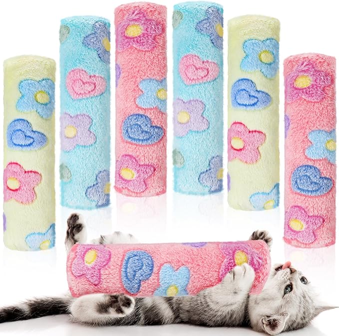 Civaner 6 Pcs Flower Toy Cat Catnip for Indoor Cat 10.6 Inch Kitten Kicker Stick Catnip Toy with Crinkle Sound Inside Interactive Soft Plush Kitten Pillow for Chew Exercise (Pink, Green, Yellow)
