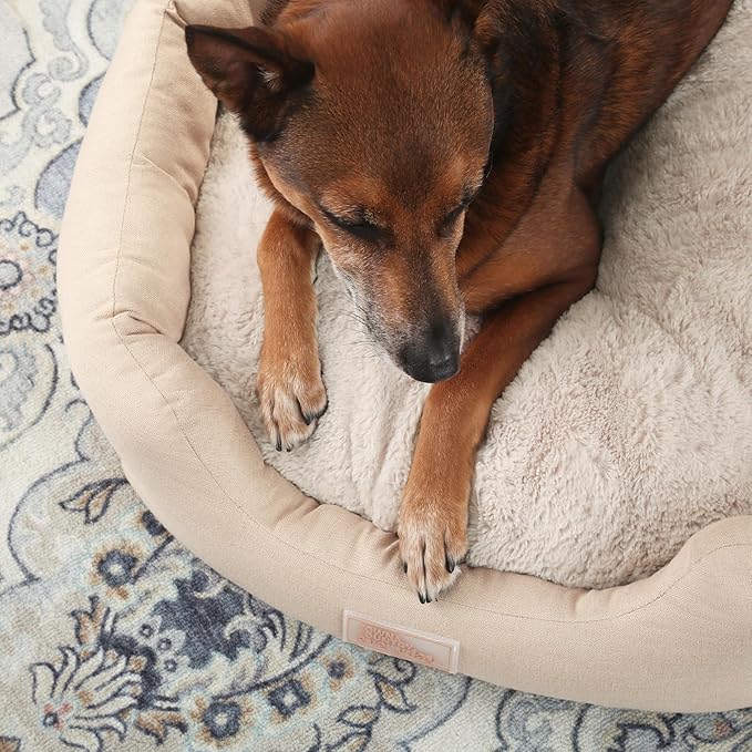 TOWN & COUNTRY EVERYDAY CuddleTown Faux Linen Comfy Cozy Cuddler Pet Bed, Supportive & Calming Egg Crate Foam, Non-Slip Bottom, Machine Washable Cover, Beige, Medium 28"x26"x8"