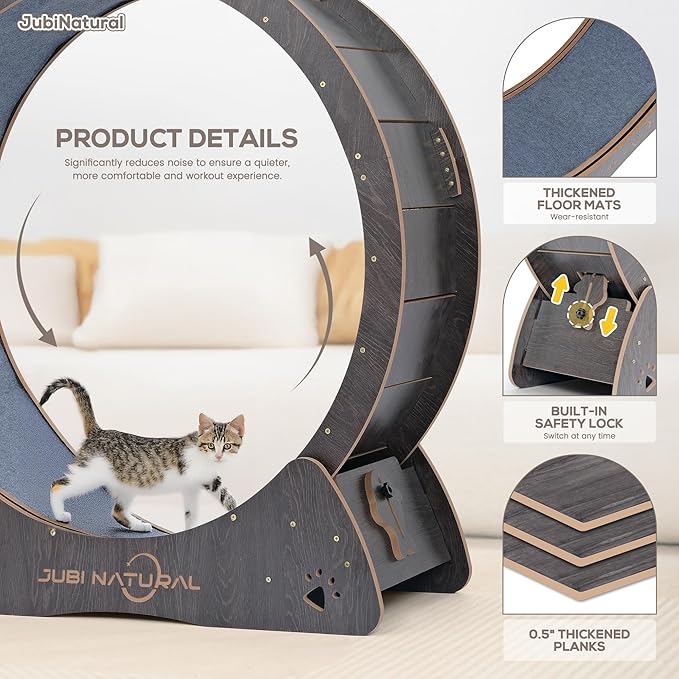 Cat Exercise Wheel, 33.9" Cat Running Wheel for Indoor Cats with Quiet Carpeted Runway, Cats Treadmill Wheels with Locking Mechanism, Cat's Weight Loss and Health - Black