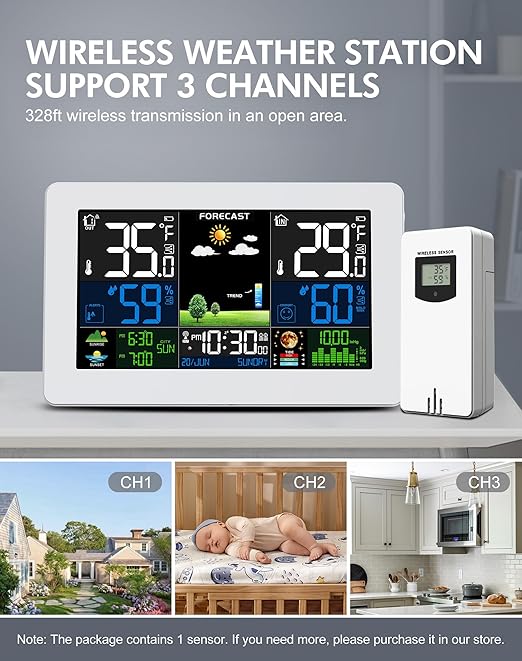 Weather Station Wireless Indoor Outdoor Thermometer, Digital Thermometer with Remote Sensor, Large Display Home Weather Stations with Weather Forecast, Atomic Clock, Barometric Pressure, Moon Phase