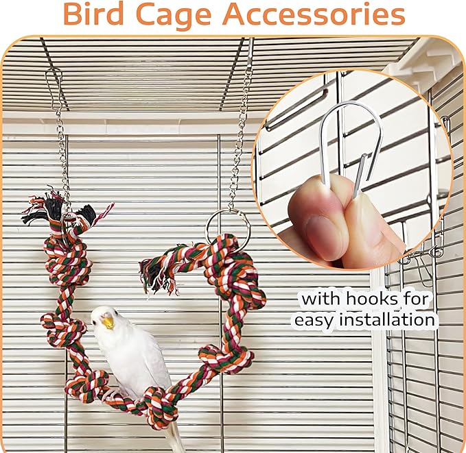 Bird Rope Perch & Swing Toy, Sturdy Knotted Parrot Cotton Rope with Chains, Parakeet Swing Perch Bird Cage Accessories Toy, No Sharp Wires for Budgie Cockatiel Safe Claw and Balance Training