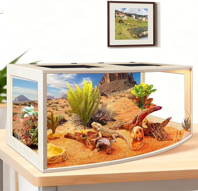 PROLEE Bearded Dragon Tank, Curved Reptile Enclosure with 3-Side Clear Acrylic Panels, Spacious Lizard Tank with Metal Mesh Top and Lockable Door for Reptile Habitat (Oak, 32" Length,34 Gallons)