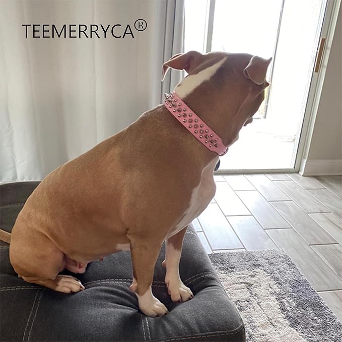 TEEMERRYCA Adjustable Leather Spiked Studded Dog Collars with a Squeak Ball Gift for Small Medium Large Pets Like Cats/Pit Bull/Bulldog/Pugs/Husky, Pink, L(15"-18.5")