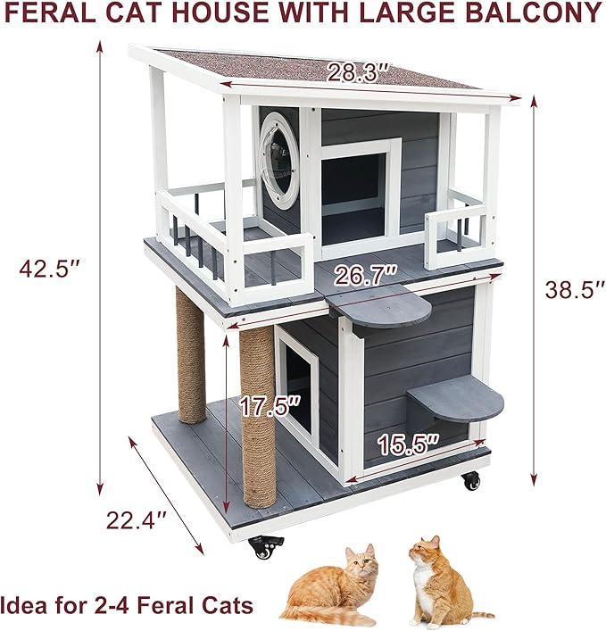 Rockever Outdoor Cat House, 2 Story Outdoor Cat Houses for Feral Cats Wooden Outside Cat Shelter Weatherproof with Escape Door & Cat Scratching Post
