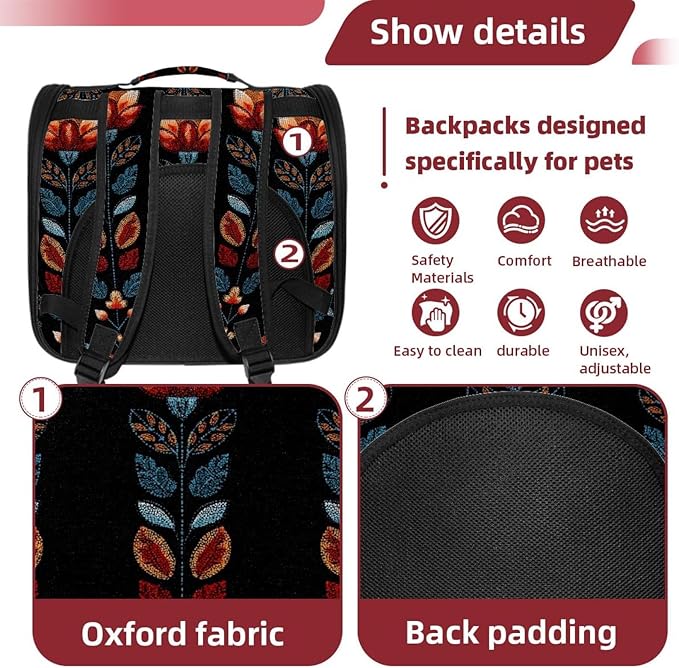 Dog Carrier Backpack for Small Pets - Cat & Dog Backpack for Hiking, Camping or Travel, Motifs African Boho Paisley Floral (28)