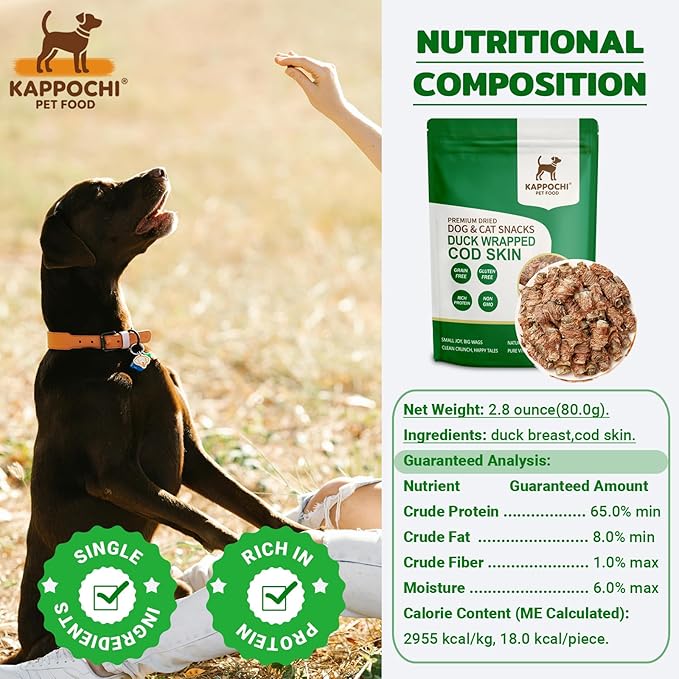 Freeze Dried Duck Wrapped Cod Skin Dog Treats, Rich in Omega-3, 2.8 Ounce (80.0g), Single Ingredient, High Protein Training Treats, Natural & Raw, No Additives, Grain Free, Gluten Free