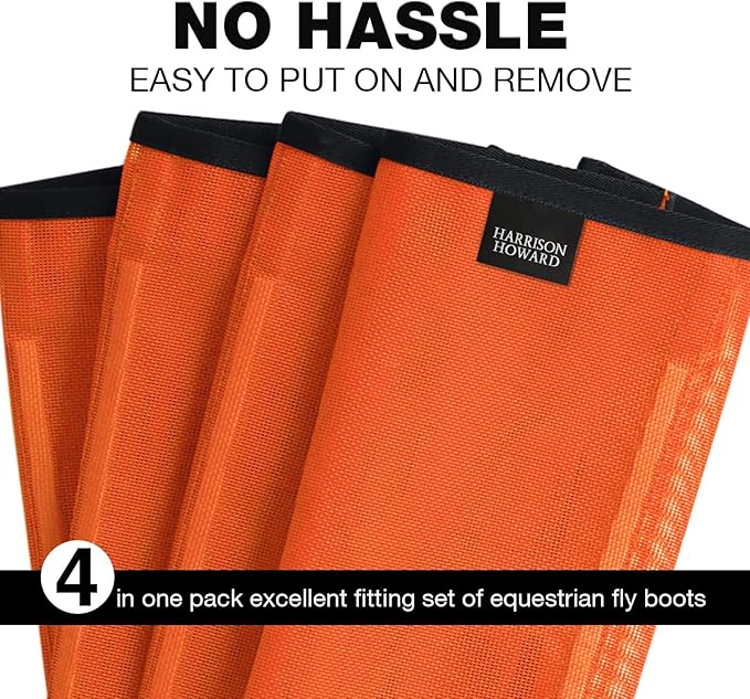 Harrison Howard Loose Fitting Fly Boots UV-Protective Extra Tough Mesh Ventilated Four Fasteners Stay-on Design Protect Horse Legs & Stomp-Reducing Set of 4 Orange Small