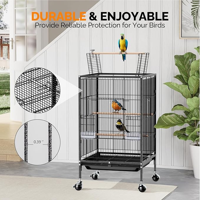 VINGLI Bird Cage with Wheels, 38-Inch Open Top Wrought Iron Bird Cage, Rolling Parakeet Cage for Cockatiels Lovebird Finches Canaries