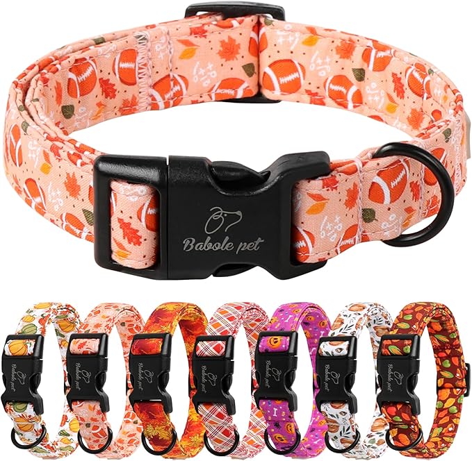 Fall Dog Collar, Cute Football Pattern Puppy Collar, Orange Adjustable Cotton Holiday Tanksgiving Dog Collars for Small Medium Large Boy&Girl Dogs L