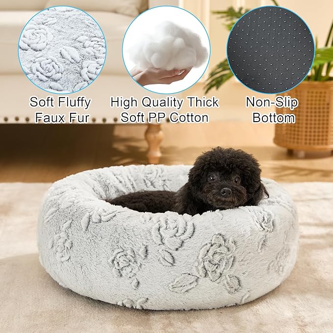 Dog Calming Beds for Small Medium Large Dogs - Round Donut Washable Puppy Dog Bed, Anti-Slip Faux Fur Fluffy Donut Cuddle Anxiety Cat Pet Bed (20" Rose)