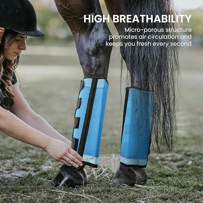 Fly Boots for Horses Set of 4 Leg Wraps Protection, Mesh Horse Fly Leggings Breathable Tendon Boots for Reduces Stomping & Leg Fatigue Sky Blue Large