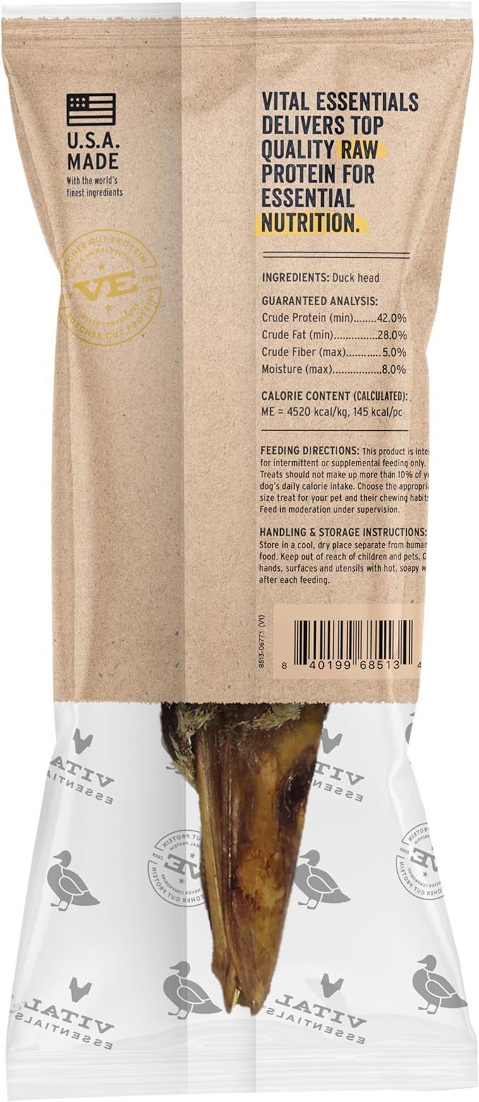 Vital Essentials Freeze-Dried Raw Duck Head Dog Treat & Long-Lasting Natural Chew, 3-Pack | Single Ingredient Dog Treat for Aggressive Chewers | Made in USA