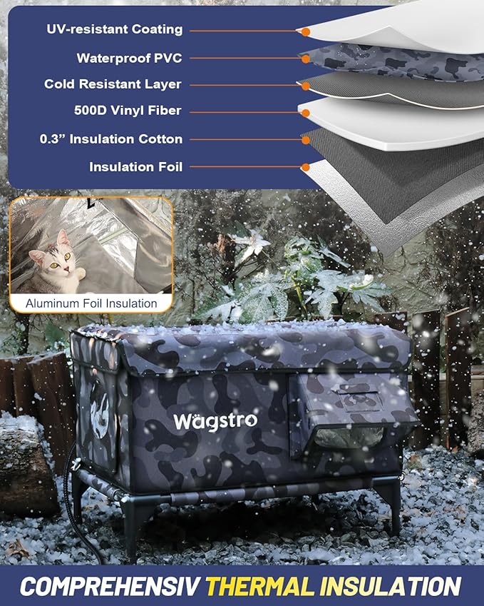 Heated Cat House for Outside, Insulated Weatherproof Heated Outdoor Cat House with Waterproof Eaves & Escape Door, Elevated Outdoor Cat Shelter for Feral Stray Cat (Black Camo, 16.5"x12.6"x16.9")