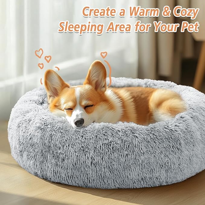 JOLLYVOGUE Calming Dog & Cat Bed for Small Dogs, Anti-Anxiety Donut Cuddler Cozy Soft Round Bed with Anti-Slip Bottom, Fluffy Faux Fur Plush Cushion Beds for Small Dogs, 23"/Smoke Gray