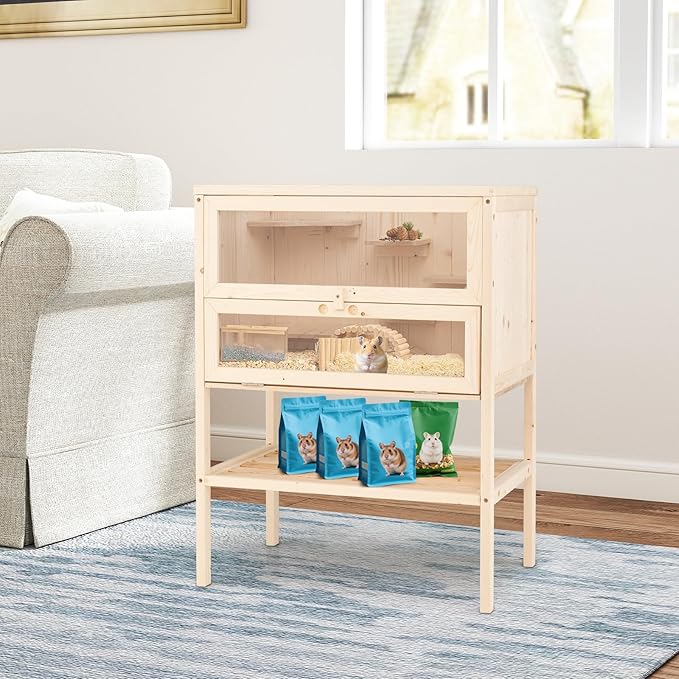 PETSITE 31.5 Inches Freestanding Wooden Hamster Cage, Chew-Proof 2-Layer Hamster House with Full Transparent Viewing, Flip-Top Roof, and Storage Shelf, Ideal for Dwarf Hamster and Gerbils