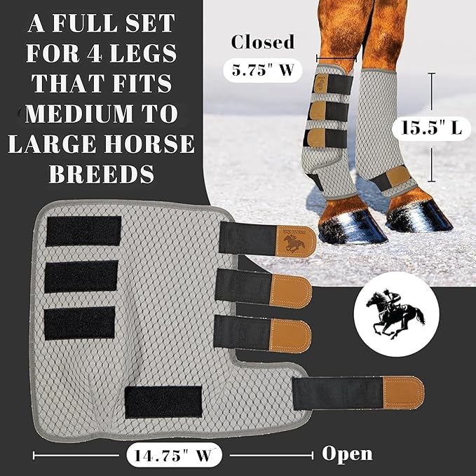 Premium Soft Fly Boots for Horses Set of 4 - Protective & Comfortable Horse Fly Boots for Medium-Large Breeds - Outer Mesh/Inner Quilted Bamboo - Adjustable Training Horse Leg Wraps (4 pcs)