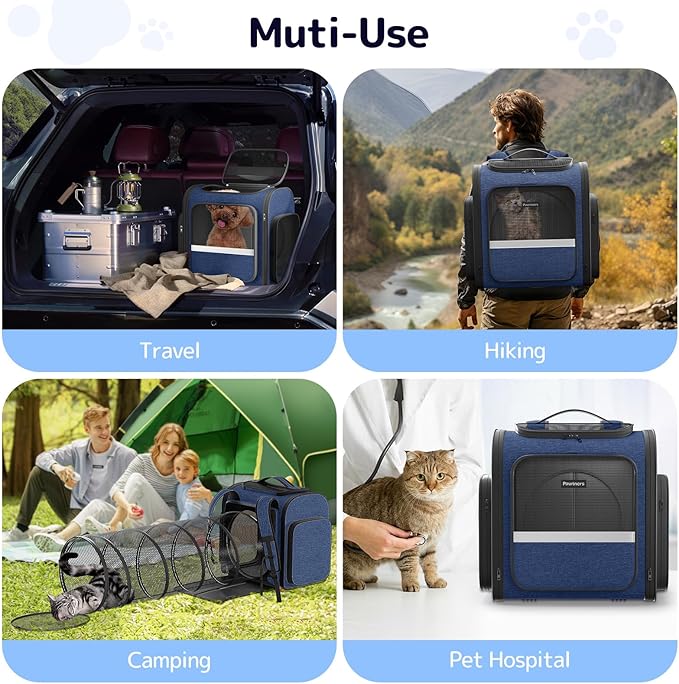 Pawtners Cat Backpack Carrier with Play Tunnel, Expandable Dog Backpack with Breathable Mesh, Pet Carrier Backpack for Small Cats Dogs Up to 18 Lbs, Dog Carrier for Travel Hiking Camping Outdoor Blue