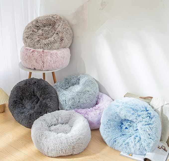 Calming Dog Bed X-Large, Soft Round Cuddler Dog Beds Fluffy Plush Faux Fur Pet Beds, Anit-Anxiety Self-Warming Comfy (32", Purple)