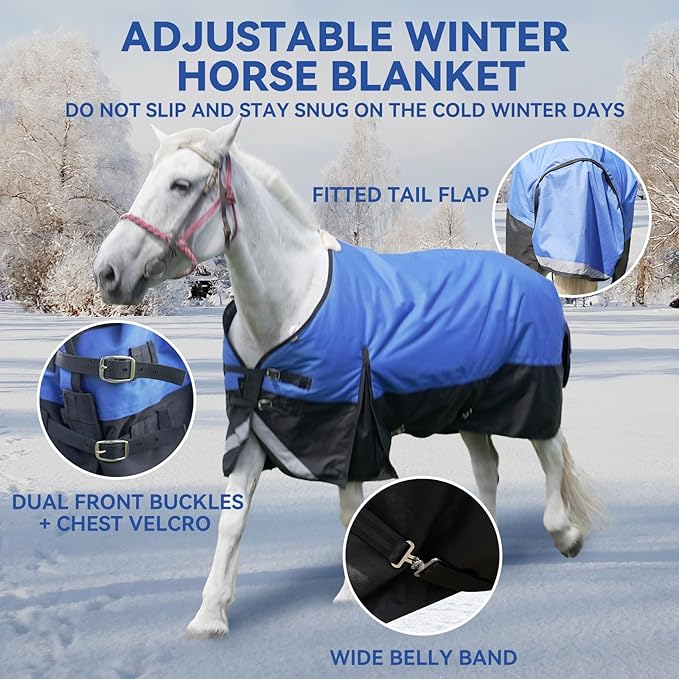 48” Winter Horse Blanket, 1200D Waterproof Poly Horse Turnout Blanket, Durable Tear-Resistant Thick Horse Blanket with Snuggit 220G Filling, Breathable Warmth Turnout Blankets for Horse