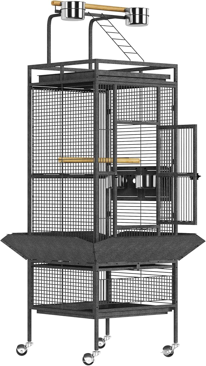 61" Cockatiel Cage, Flight Cage with Rolling Stand, Play Top & Bowls - Metal Large Bird Cages for Parakeets, Conures, Parrots - Exploding Silver