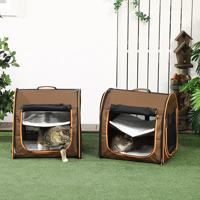 PawHut 39" Portable Soft-Sided Cat Carrier, Cat Kennel, Travel Dog Crate with Divider, Two Compartments, Soft Cushions & Storage Bag, Easy to Fold, Brown