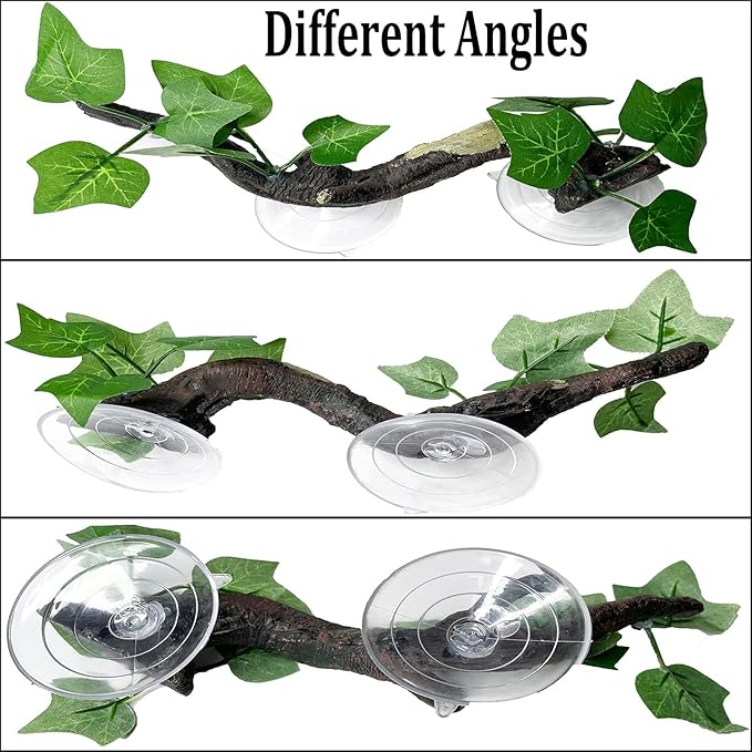 PINVNBY Reptile Corner Branch Resin Climb Tree Branch Decor with Leaves Terrarium Plant Decoration with Suction Cup Gecko Plant Ornament for Amphibian Lizard Snake Climbing (1 Pcs)