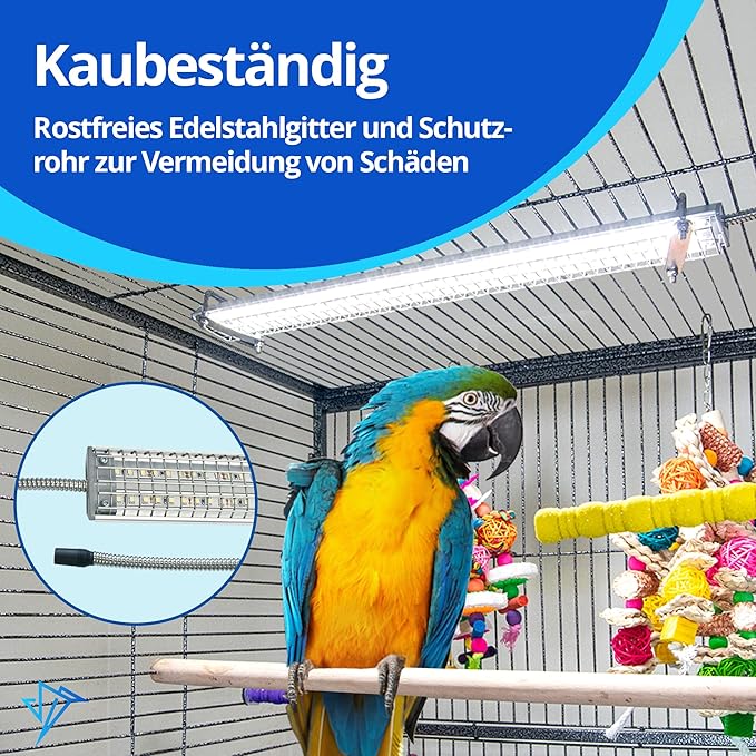 HappyBird Lighting Bird Cage Light with Chew Guard - Full Spectrum LED Pet Light - Simulates Natural Environment - Safe for Hookbill Birds – Easy to Install - (10" Long)