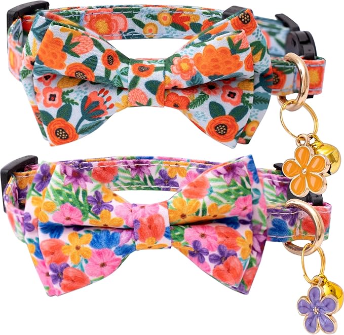 Faygarsle 2 Pack Cat Collar with Bell Breakaway Bowtie for Male Female Cats Pink Purple Flower Floral Spring Summer Cat Collar for Boy Girl Cats