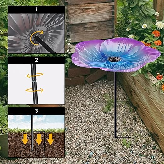 Bee Watering Station, Butterfly Cups for Garden Metal Bee Water Feeder with Flower Design, Colorful Bird Bath Bowl for Outdoor Garden Yard Decor, Decorative Glass Flower Design (Yellow+Purple)