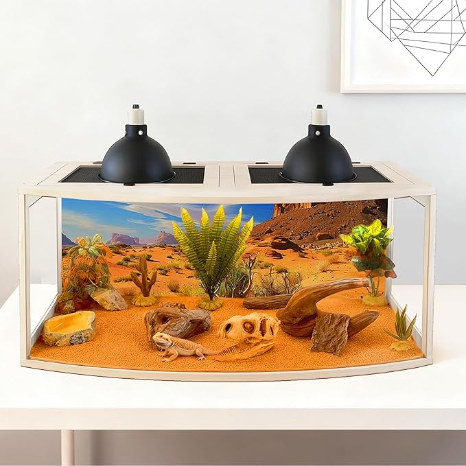 PROLEE Bearded Dragon Tank, Curved Reptile Enclosure with 3-Side Clear Acrylic Panels, Spacious Lizard Tank with Metal Mesh Top and Lockable Door for Reptile Habitat (Oak, 32" Length,34 Gallons)
