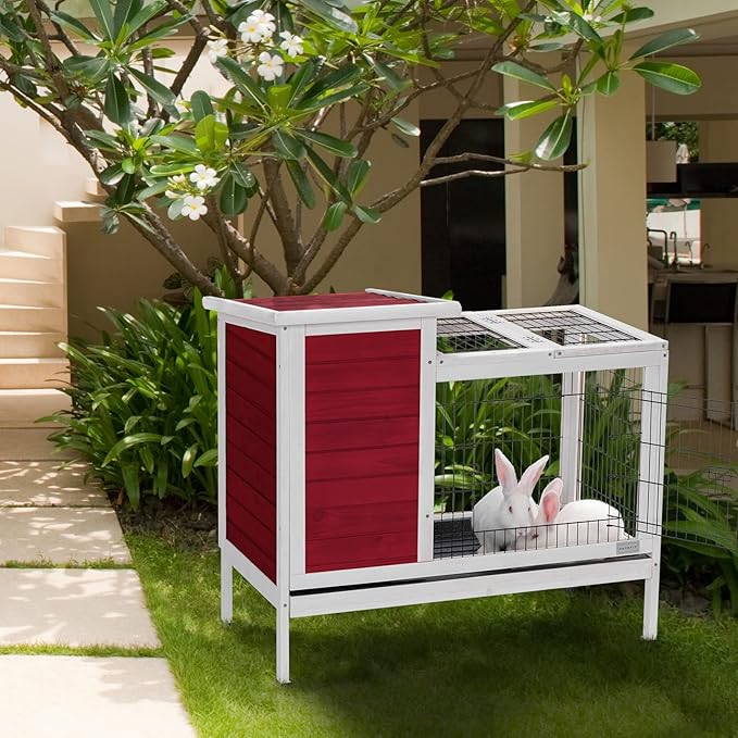 Petsfit Rabbit Hutch Indoor Guinea Pig Cages Bunny Cage with Pull Out Tray, Bunny Guinea Pig Cage Hutch Outdoor,red…