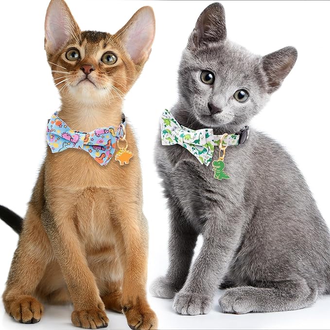 Faygarsle 2 Pack Cat Collar with Bell Breakaway Bowtie for Male Female Cats Soft Fancy Blue Green Dinosaurs Pattern Spring Summer Cat Collar for Boy Girl Cats
