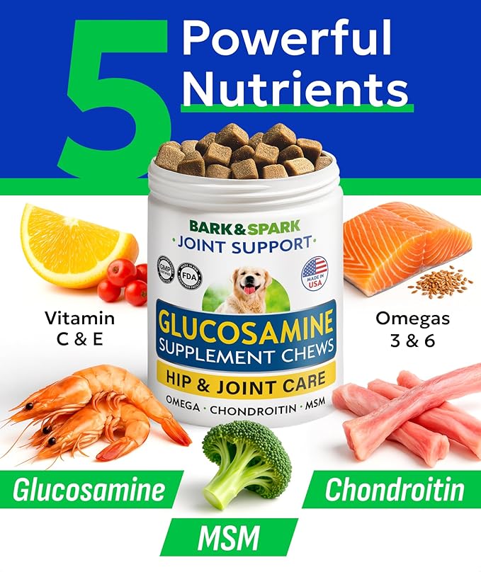 BARK&SPARK Glucosamine Chondroitin Dog Hip & Joint Supplement - Joint Pain Relief - Hip & Joint Chews - Joint Support Large Small Breed - Senior Doggie Vitamin Pill Joint Health (120 Treats - Bacon)