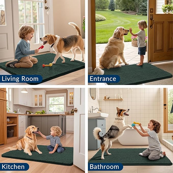 Smiry Dog Door Mat for Muddy Paws 30x20, Absorbs Moisture and Dirt Doormat, Non-Slip Washable Quick Dry Chenille Front Door Mat Indoor Entrance, Entryway Carpet for Inside Floor, Green