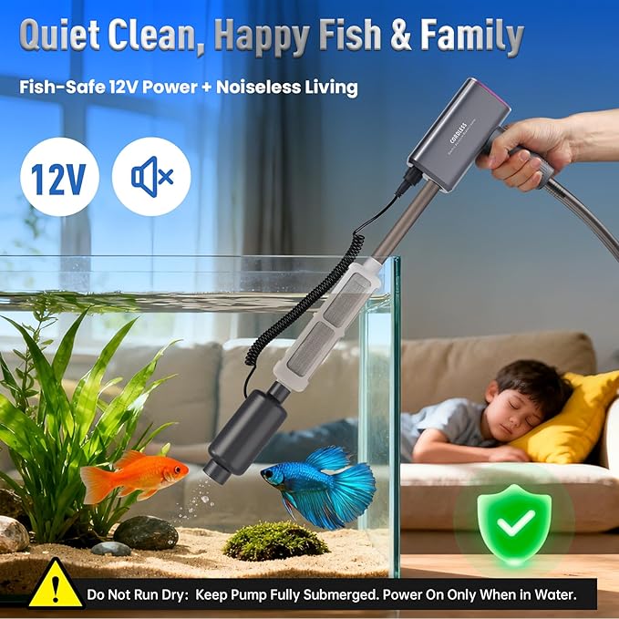 Electric Aquarium Vacuum Gravel Cleaner: Rechargeable Fish Tank Cleaner with 4 Adjustable Suction, Anti-Clog for Debris Clean & Sand Washing,Automatic Water Changer with 12V Safe for Small/Large Tank