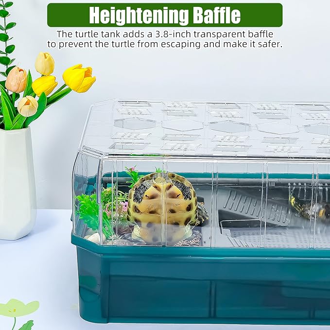 Turtle Habitat Spacious Turtle Tank Kit with Rain Shower Filter SPA & Easy Drain - Perfect for Baby Turtles, Red Eared Sliders Tortoises Green, 18.2×9.2×8 Inch