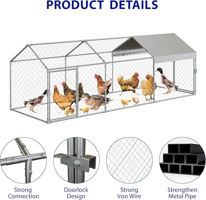 Metal Chicken Coop Run,Outdoor Walk-in Cage Peak Hen House with Waterproof and Anti-Uv Cover,Spire Roof Hen House with Security Lock for Outdoor,Backyard and Farm, 9.8 x 3.3 x 3.3 ft
