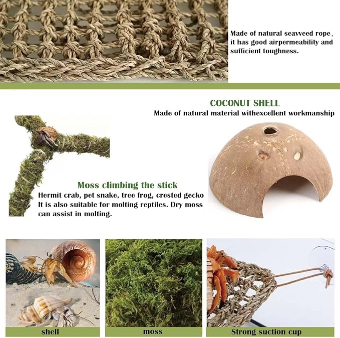 Hermit Crab Accessories, Natural Hermit Crab Toys Reptile Hammock,Coconut Shell Hideout Decor for Hermit Crabs Leopard Geckos, Crested, Tortoise, Snake (B-Group -6Pcs Hammock)