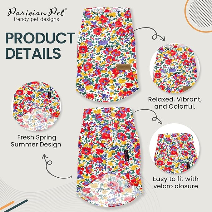 Parisian Pet Dog Shirt - Floral Pattern 100% Cotton Dog Summer Clothes - Stylish Dog Beach Oufit - Hook and Loop Closure Dog Costume - Machine Washable Dog Shirts for Large Dogs - L