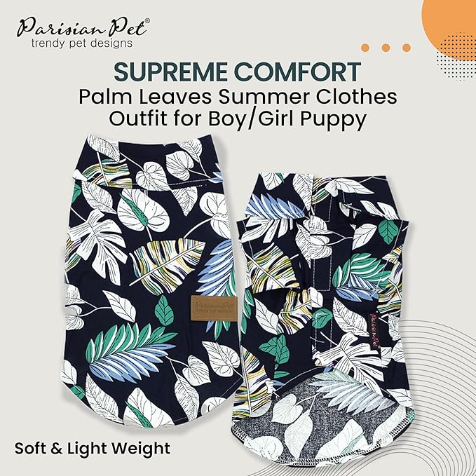 Parisian Pet Palm Leaves Dog Shirt - 100%Cotton Summer Clothes - Stylish Beach Outfit - Hook and Loop Closure - Machine Washable for Medium Dogs - M