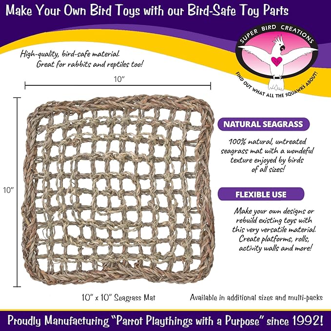 Super Bird Creations SB50003 Seagrass Mat for Cage Decor, Pet Enrichment and Boredom Relief - Versatile Toy-Making Base - Ideal for Parrots - Small to Large Birds & Reptiles - 10"x10" (1 Pack)