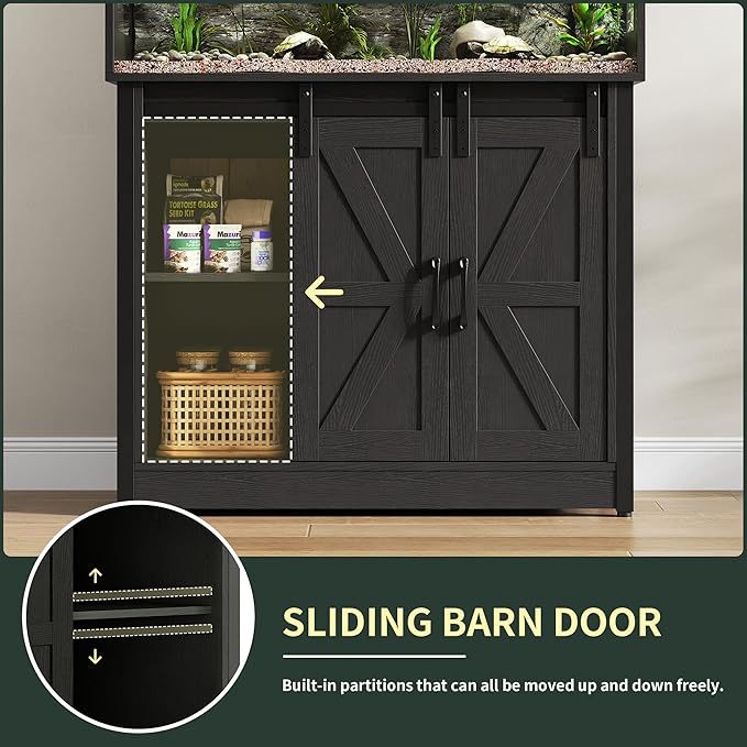 40 Gallon Reptile Terrarium with Stand, Reptile Tank with Barn Door and Storage, Vivarium with Acrylic Doors, Ventilated Mesh Top & Power Outlet, for Geckos, Lizards, Snakes Black PX06RTB
