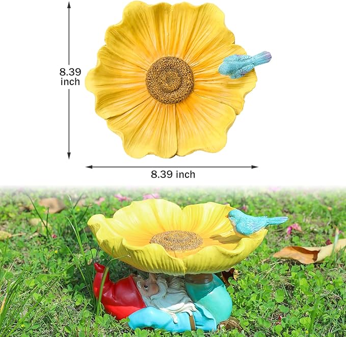 MUMTOP Bird Baths for Outdoors, Outdoor Garden Birdbath Bowl Resin Sunflower Bird Baths and Feeder with Funny Gnome for Outside Yard Table Decor