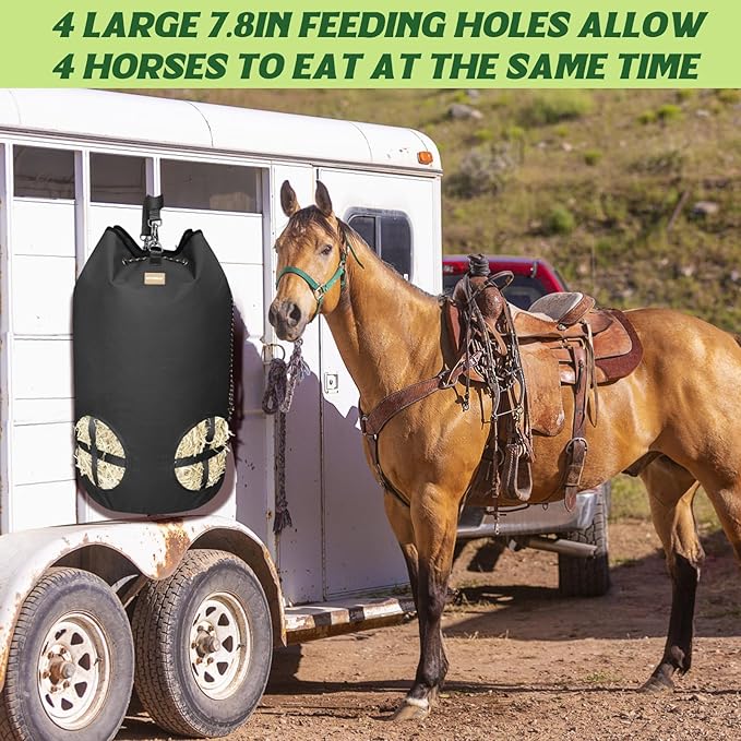 Hay Bags for Horses, Large Capacity Slow Feeder with Adjustable Top Opening, 4 Holes for Sheep, Goats, Donkeys