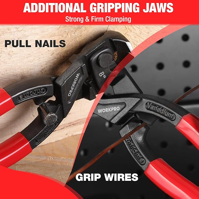 WORKPRO 8 Inch Nail Puller Pliers, High Leverage End Cutting Pliers with Gripping Jaws, Durable CR-V Construction, Ergonomic Handles - for Pulling, Cutting, Gripping Nails or Wires