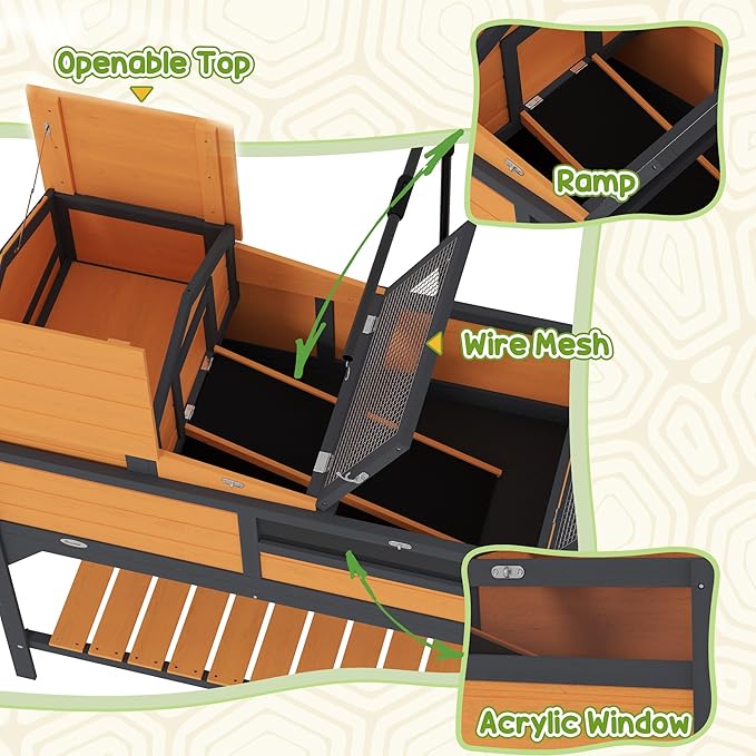 PawHut Tortoise Habitat with Adjustable Lamp Holder, 2 Layer Tortoise Enclosure with Storage Shelf, Removable Main House, Fixed Tray, Openable Lid, Yellow