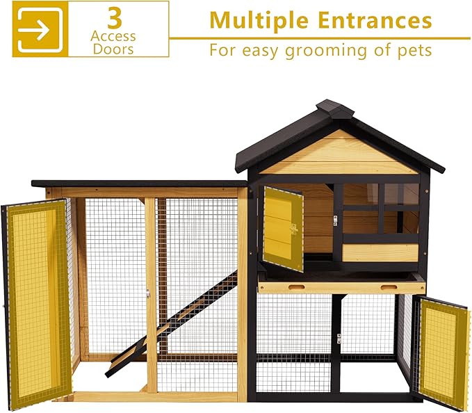 Large Chicken Coop and Run Outdoor Indoor Two Story Rabbit Hutch Pet House Guinea Pig Cage with Removable Tray, Ramp, Ventilation Doors for Chickens, Bunny, Ducks, Quails（Natural Wood）
