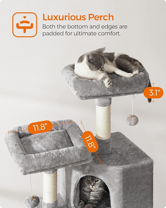 Feandrea Cat Tree, 45.3-Inch Cat Tower, Plush Condo with Scratching Post, Ramp, Perch, Spacious Cave, for Small Space, Light Gray UPCT141W01